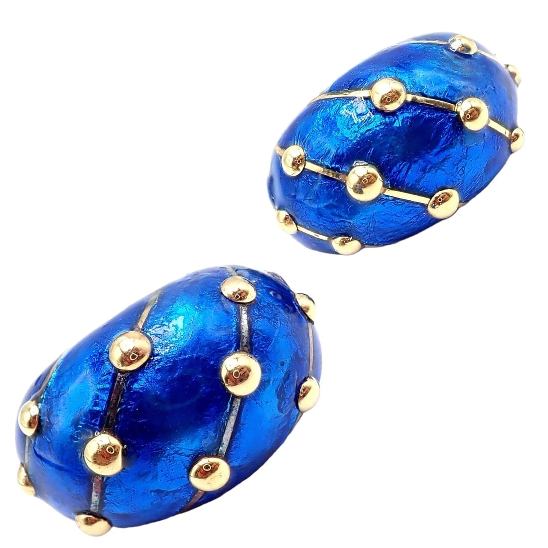 Rare Tiffany & Co Schlumberger 18k Yellow Gold Large Blue Enamel Banana Earrings - 15