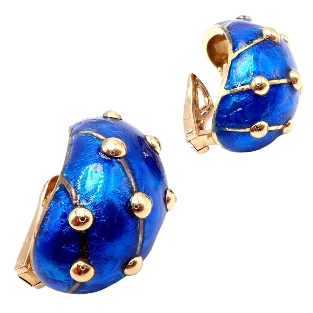 Rare Tiffany & Co Schlumberger 18k Yellow Gold Large Blue Enamel Banana Earrings - 16