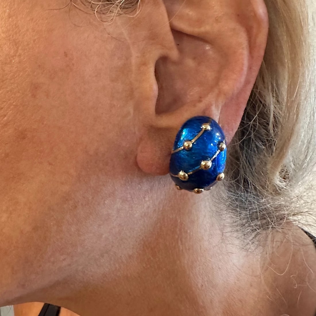 Rare Tiffany & Co Schlumberger 18k Yellow Gold Large Blue Enamel Banana Earrings - 18
