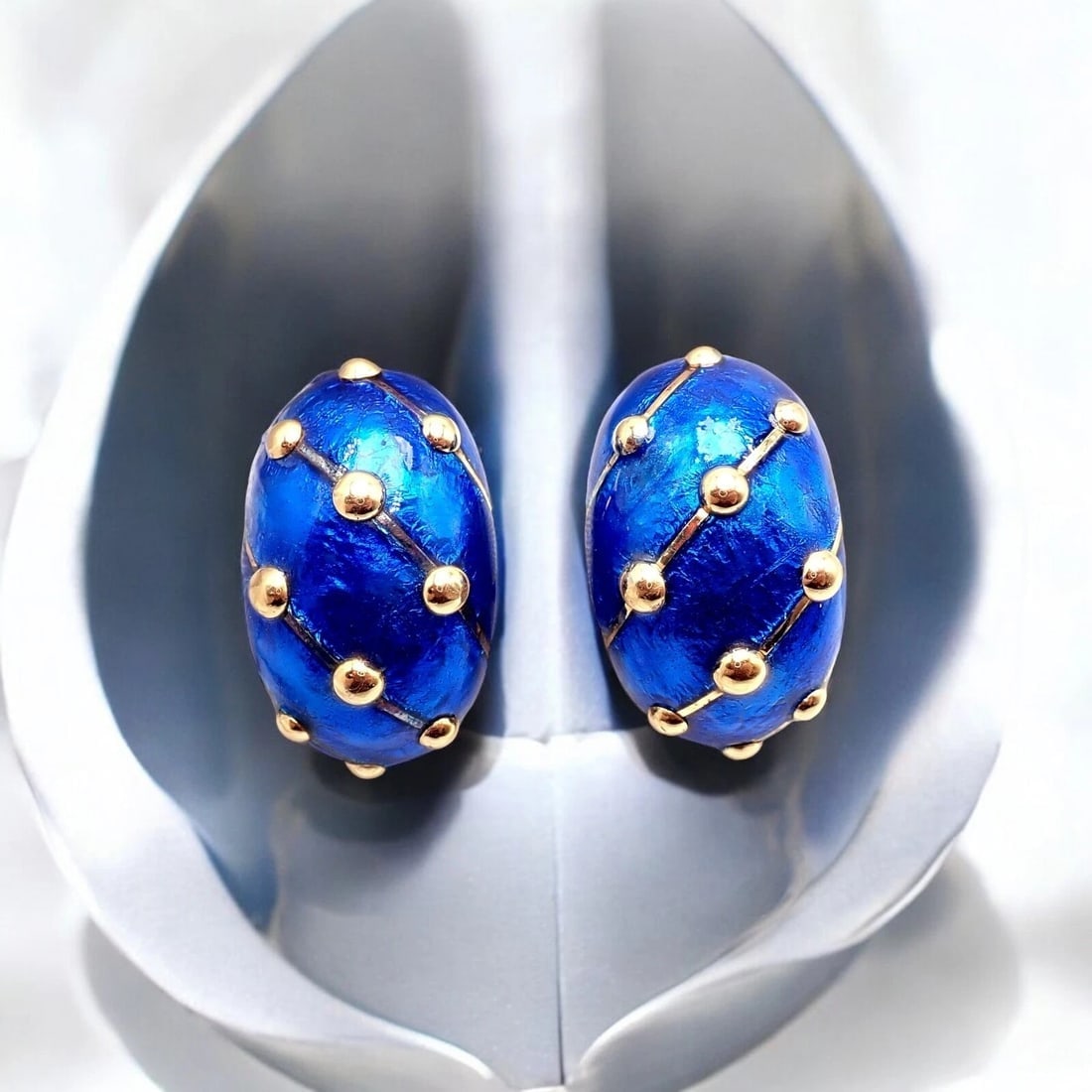 Rare Tiffany & Co Schlumberger 18k Yellow Gold Large Blue Enamel Banana Earrings - 3