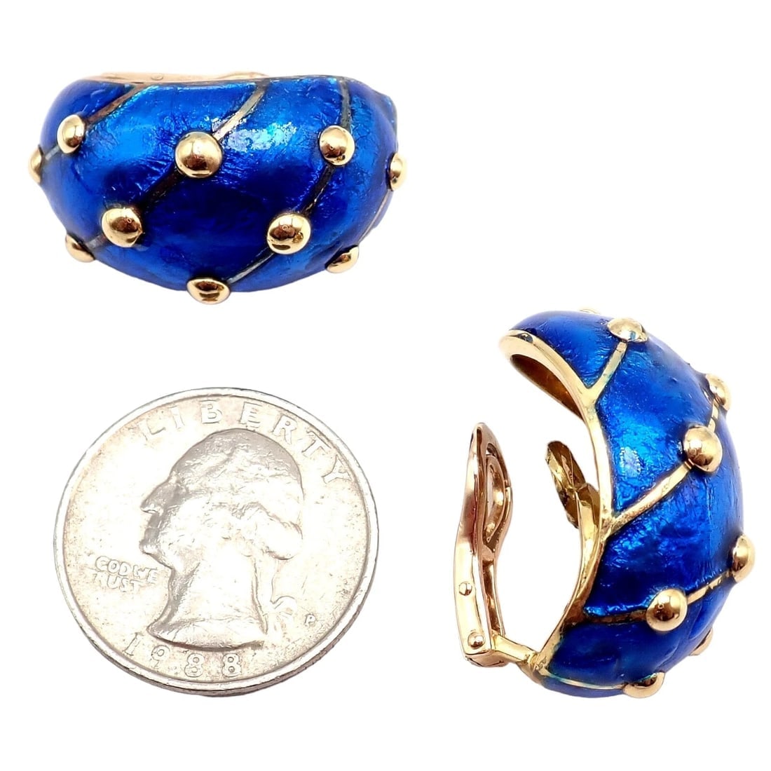 Rare Tiffany & Co Schlumberger 18k Yellow Gold Large Blue Enamel Banana Earrings - 6