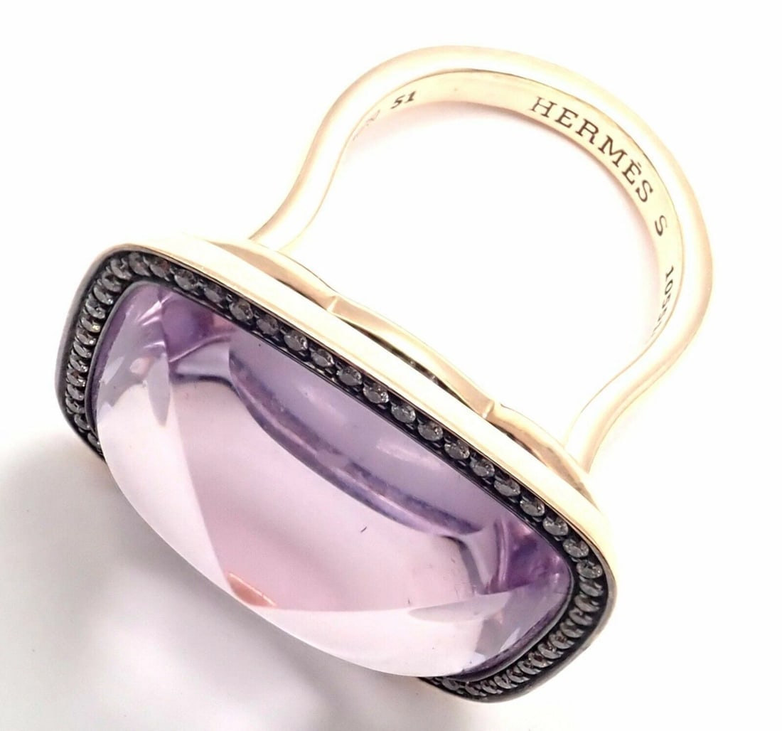 Rare! Authentic Hermes 18k Rose Gold Diamond Large Amethyst Ring - 11