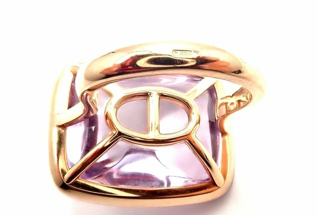 Rare! Authentic Hermes 18k Rose Gold Diamond Large Amethyst Ring - 12