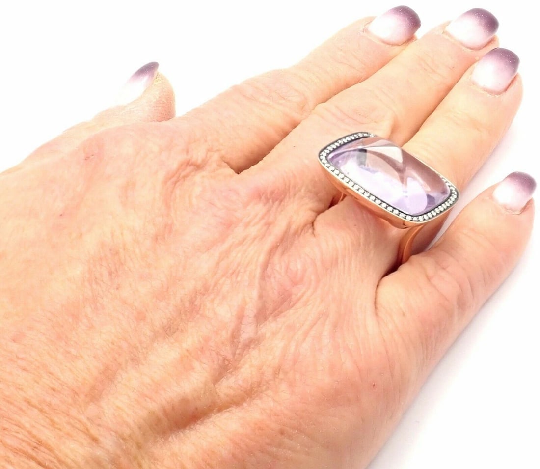 Rare! Authentic Hermes 18k Rose Gold Diamond Large Amethyst Ring - 13