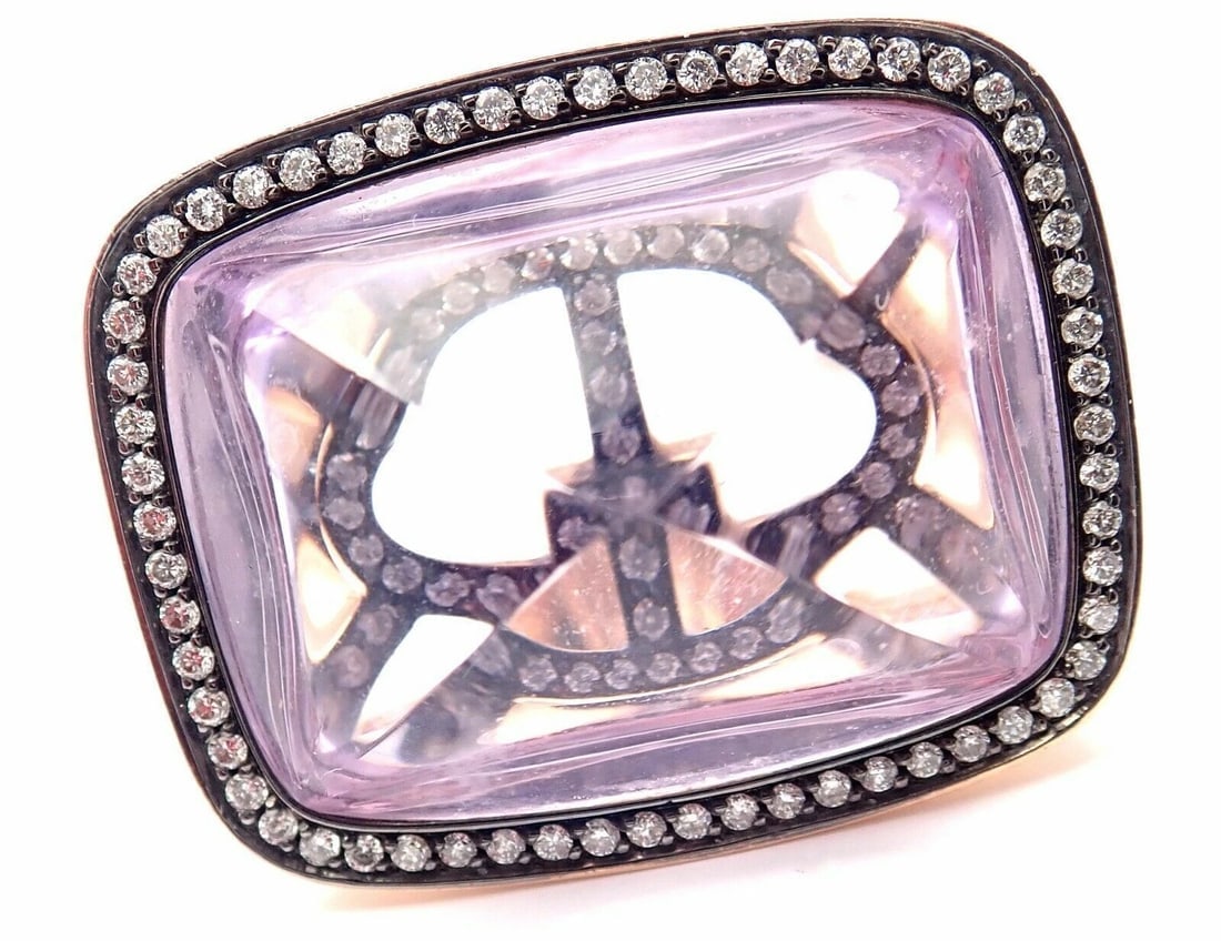 Rare! Authentic Hermes 18k Rose Gold Diamond Large Amethyst Ring: Rare! Authentic Hermes 18k Rose Gold Diamond Large Amethyst Ring About This Piece: Metal: 18k Rose Gold Size: European 51 US 6 Weight: 13.5 grams Width: Stones: 21mm 130 round brilliant cut diamonds