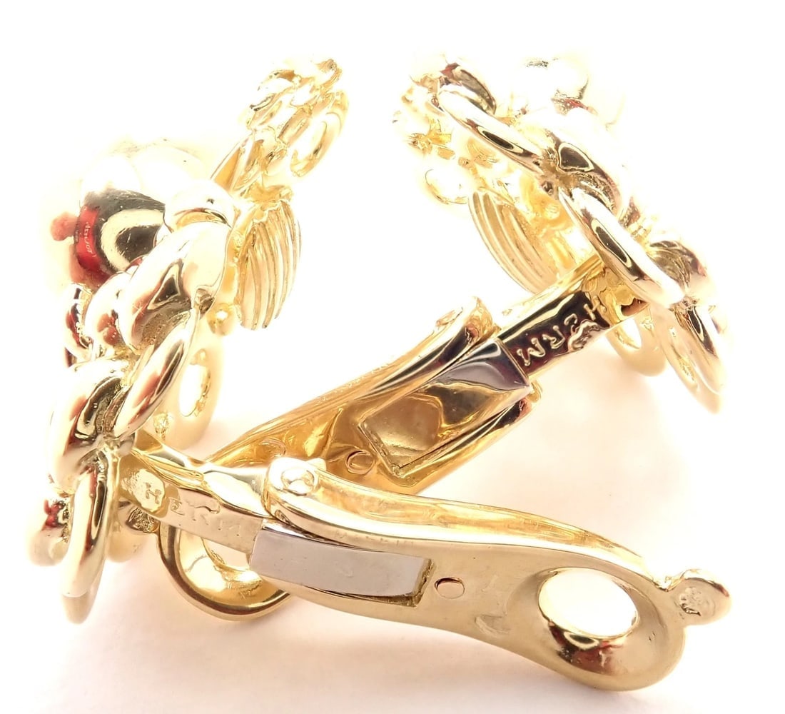 Authentic! Vintage Hermes 18K Yellow Gold Large Earrings - 10