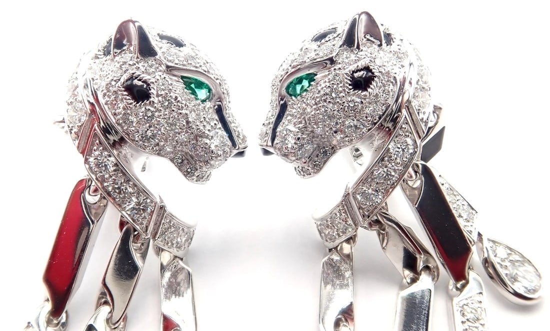 Authentic! Cartier Panthere Panther 18k White Gold Diamond Black Onyx Earrings - 3