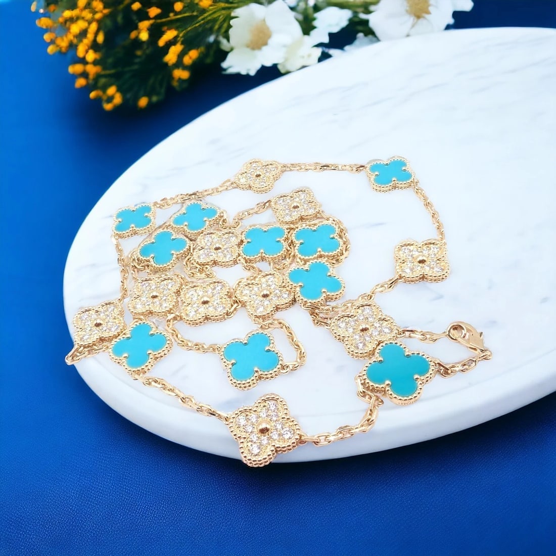 Van Cleef & Arpels 18k Yellow Gold 20 Motif Alhambra Diamond Turquoise Necklace - 4