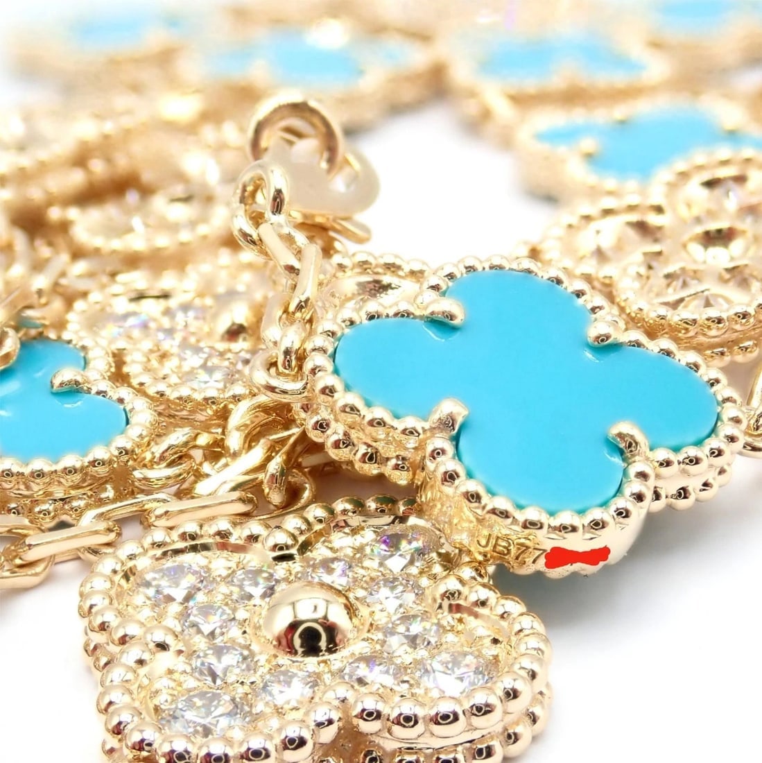 Van Cleef & Arpels 18k Yellow Gold 20 Motif Alhambra Diamond Turquoise Necklace - 9