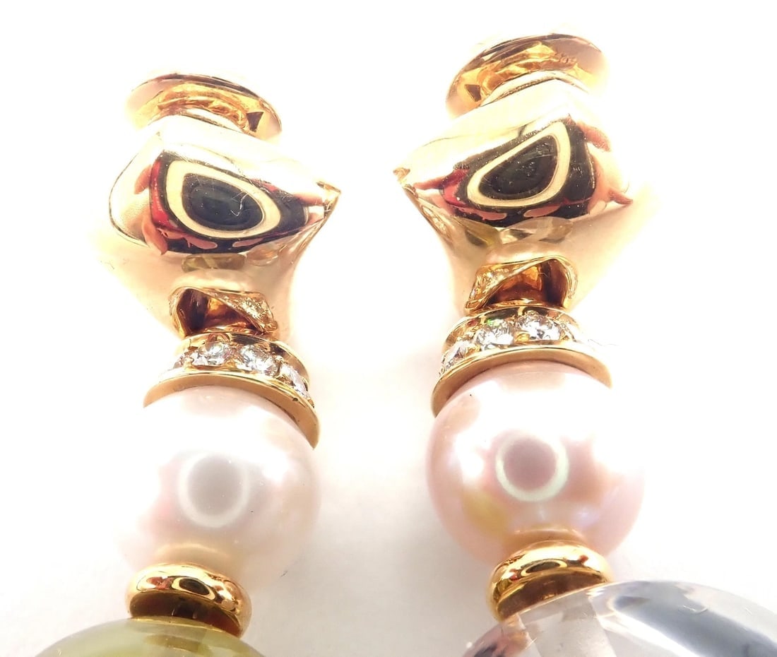 Authentic! Bulgari Bvlgari 18k Gold Diamond Pearl Peridot Crystal Drop Earrings - 10