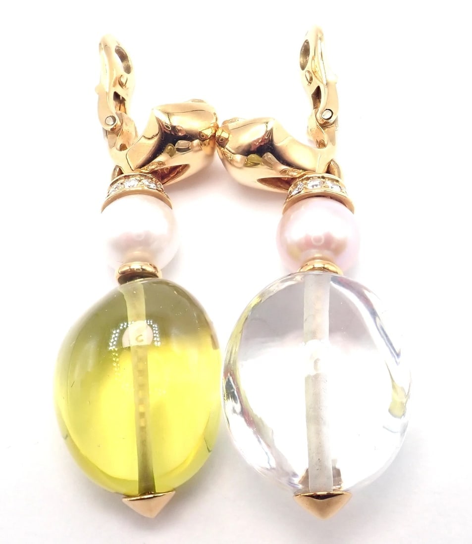 Authentic! Bulgari Bvlgari 18k Gold Diamond Pearl Peridot Crystal Drop Earrings - 4