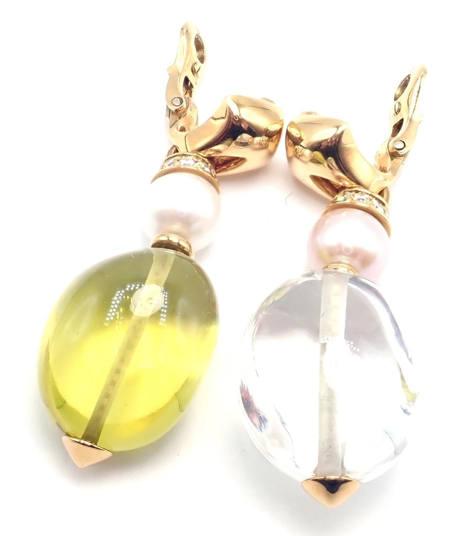 Authentic! Bulgari Bvlgari 18k Gold Diamond Pearl Peridot Crystal Drop Earrings - 6