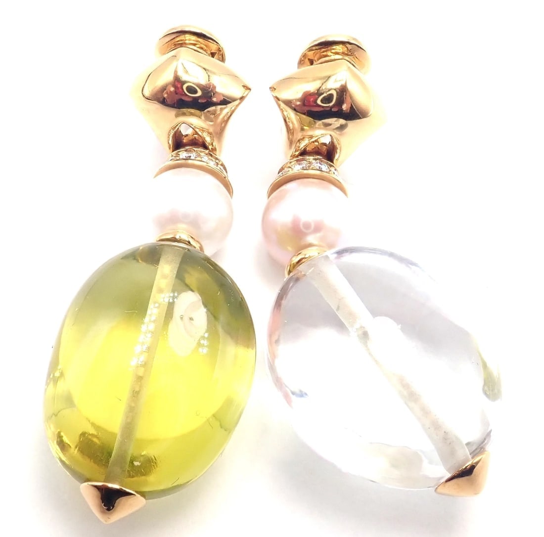 Authentic! Bulgari Bvlgari 18k Gold Diamond Pearl Peridot Crystal Drop Earrings - 9