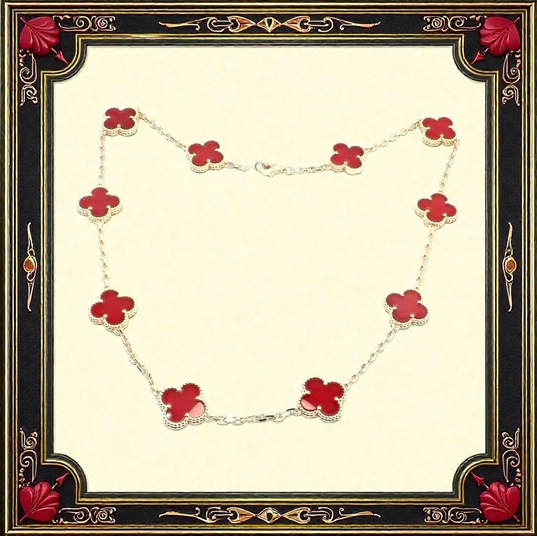 Authentic Van Cleef & Arpels 18k Gold 10 Motif Alhambra Carnelian Necklace Paper - 2