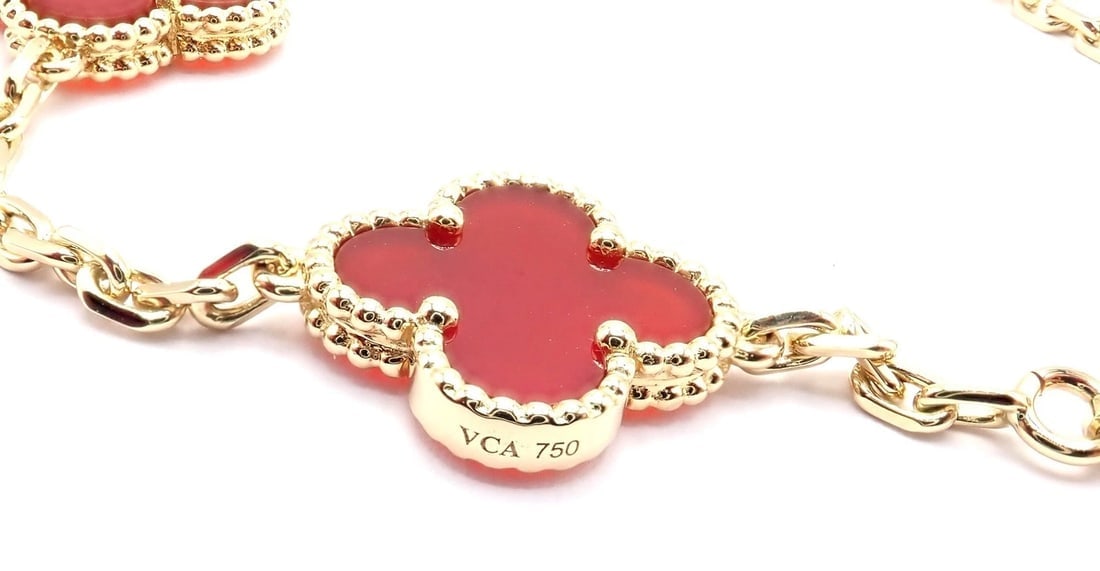 Authentic Van Cleef & Arpels 18k Gold 10 Motif Alhambra Carnelian Necklace Paper - 5