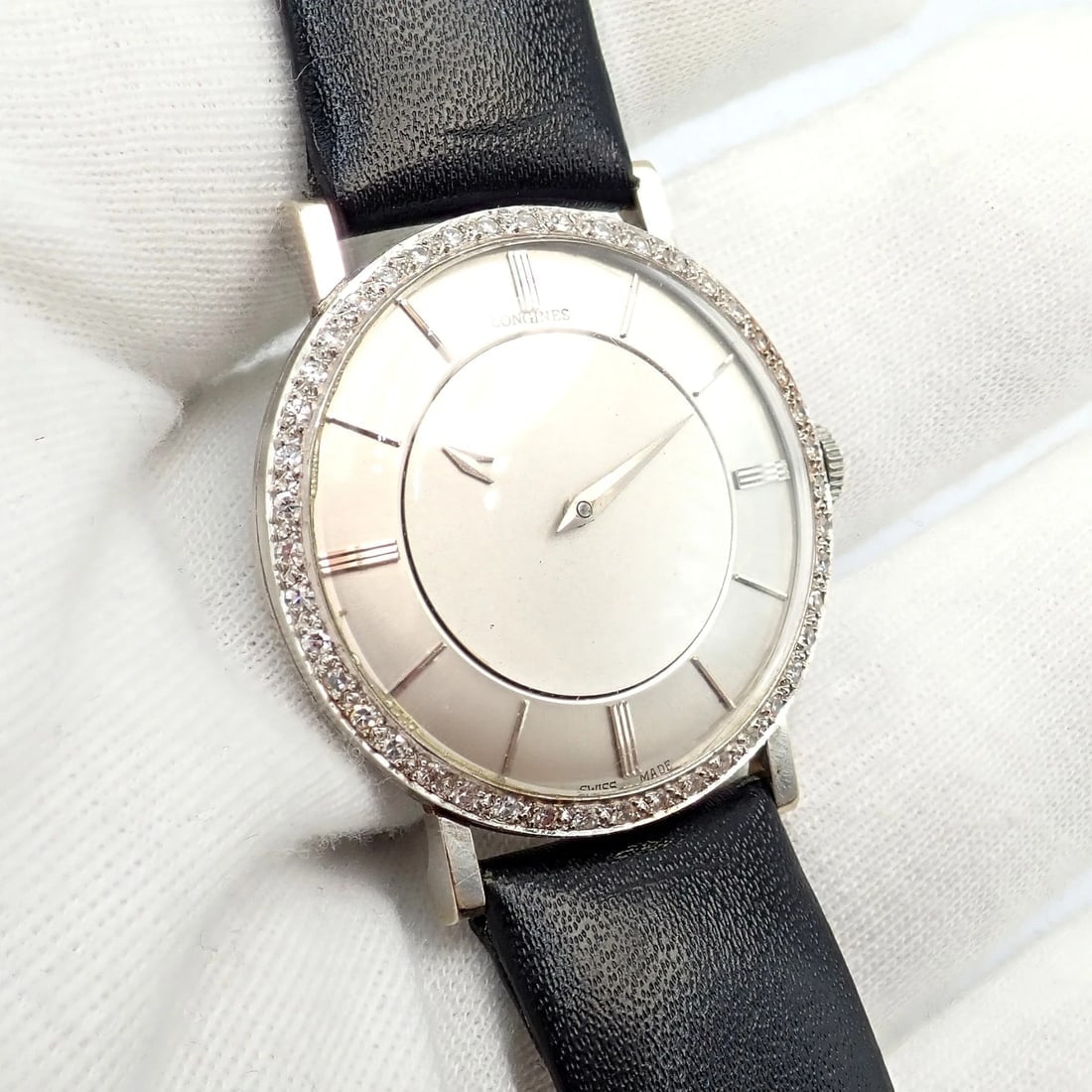 Vintage Longines 18k White Gold Diamond Bezel Manual Wind Mystery Dial Watch - 5
