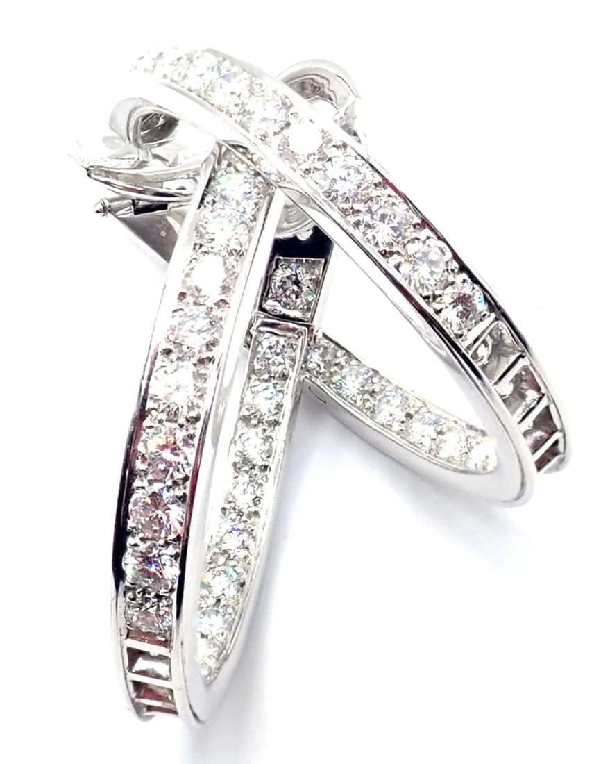 Authentic! Van Cleef & Arpels 18k White Gold Diamond Large Hoop Earrings - 7