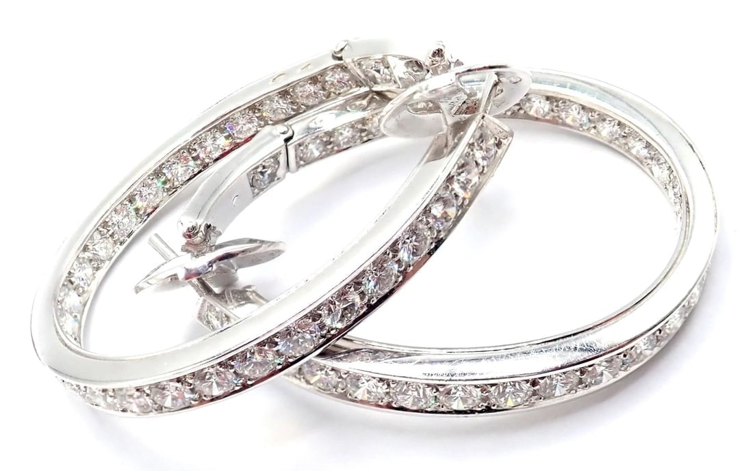 Authentic! Van Cleef & Arpels 18k White Gold Diamond Large Hoop Earrings - 8