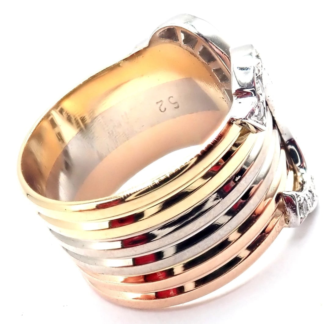 Authentic! Cartier Diamond Double C 18k Tri-Color Gold Band Ring Size 52 US 6 - 3