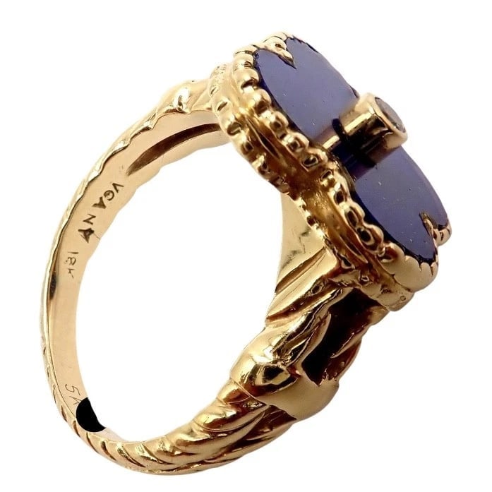 Van Cleef & Arpels Alhambra 18k Yellow Gold Lapis Lazuli Diamond Ring Sz 4 - 3