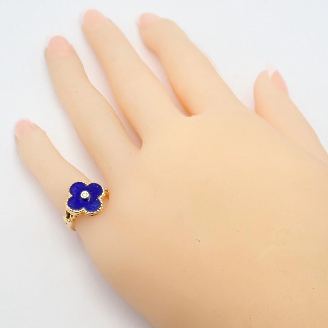 Van Cleef & Arpels Alhambra 18k Yellow Gold Lapis Lazuli Diamond Ring Sz 4 - 5