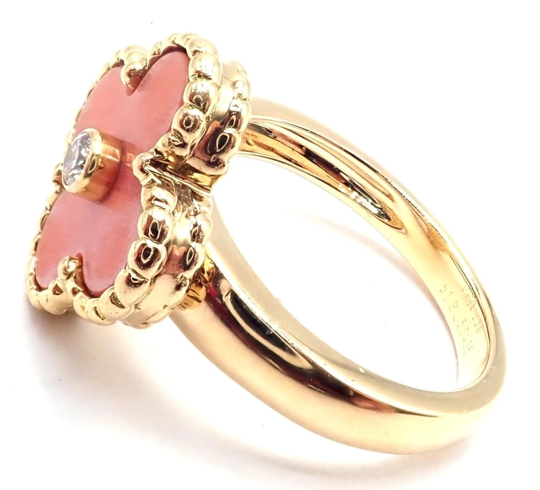 Authentic! Van Cleef & Arpels Alhambra 18k Yellow Gold Coral Diamond Ring Paper - 6