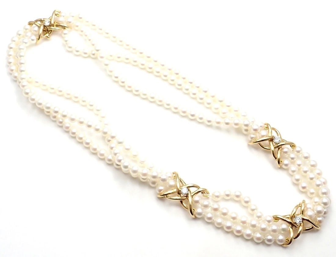Authentic! Tiffany & Co 18k Yellow Gold Diamond 3 Strand Pearl Necklace - 10