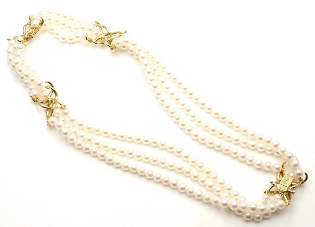 Authentic! Tiffany & Co 18k Yellow Gold Diamond 3 Strand Pearl Necklace - 11