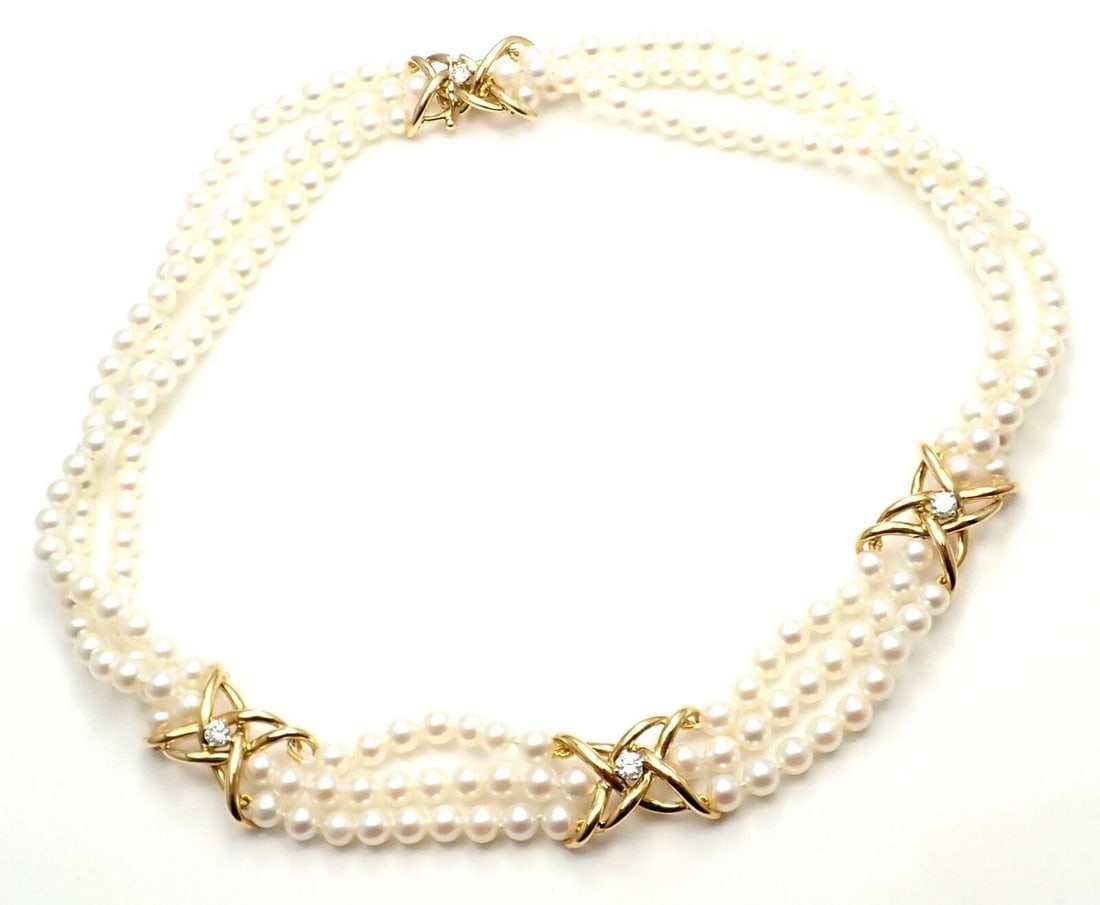 Authentic! Tiffany & Co 18k Yellow Gold Diamond 3 Strand Pearl Necklace - 4