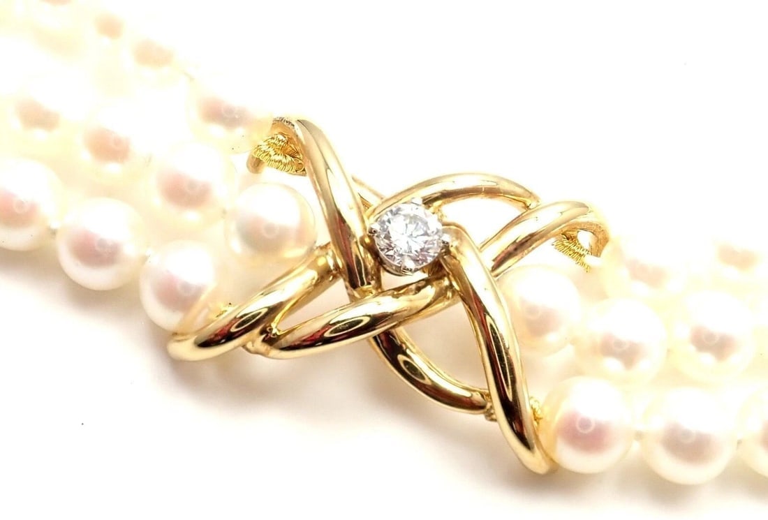 Authentic! Tiffany & Co 18k Yellow Gold Diamond 3 Strand Pearl Necklace - 6