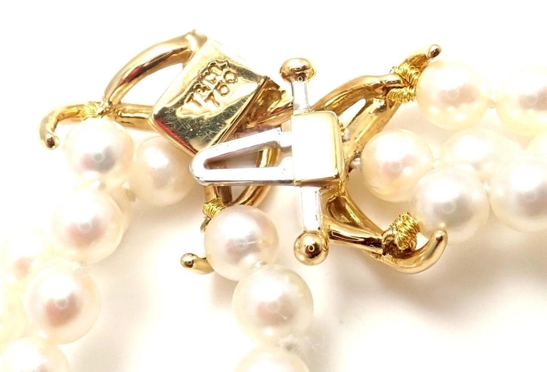 Authentic! Tiffany & Co 18k Yellow Gold Diamond 3 Strand Pearl Necklace - 8