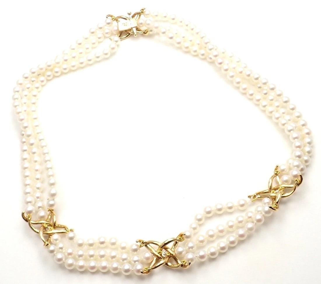 Authentic! Tiffany & Co 18k Yellow Gold Diamond 3 Strand Pearl Necklace - 9