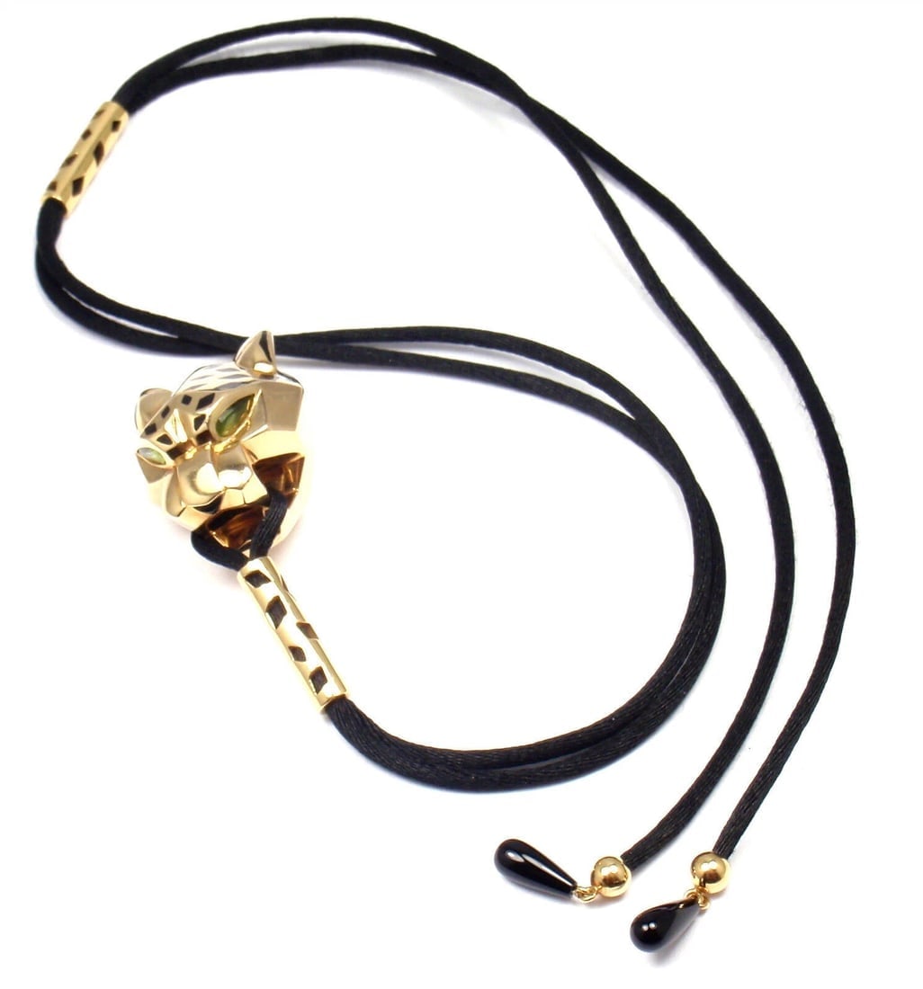 Authentic Cartier Panther Panthere 18k Yellow Gold Emerald Lacquer Cord Necklace - 3