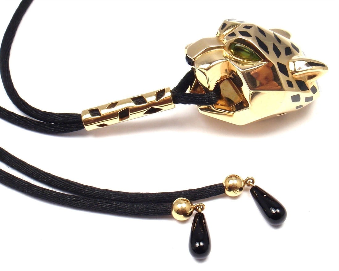Authentic Cartier Panther Panthere 18k Yellow Gold Emerald Lacquer Cord Necklace - 6