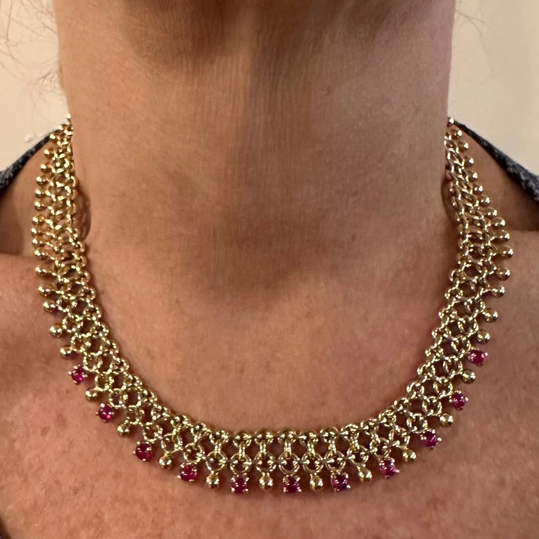 Rare! Vintage Authentic Tiffany & Co 18k Yellow Gold Ruby Collar Necklace - 12