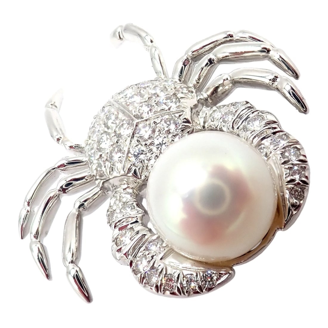 Rare! Authentic Tiffany & Co Platinum Crab 1.50ct Diamond 9mm Pearl Pin Brooch: Rare! Authentic Tiffany & Co Platinum Crab 1.50ct Diamond 9mm Pearl Pin Brooch About This Piece: The Tiffany & Co Platinum Crab 1.50ct Diamond Pearl Pin Brooch is a luxurious and whimsical accessory. 