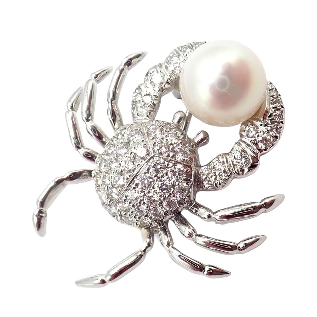 Rare! Authentic Tiffany & Co Platinum Crab 1.50ct Diamond 9mm Pearl Pin Brooch - 7