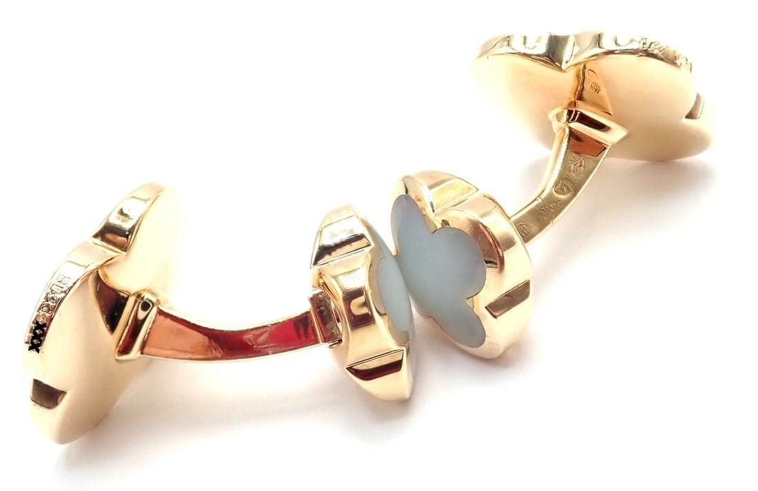 Van Cleef & Arpels 18k Yellow Gold Pure Alhambra Mother Of Pearl Cufflinks Cert. - 3