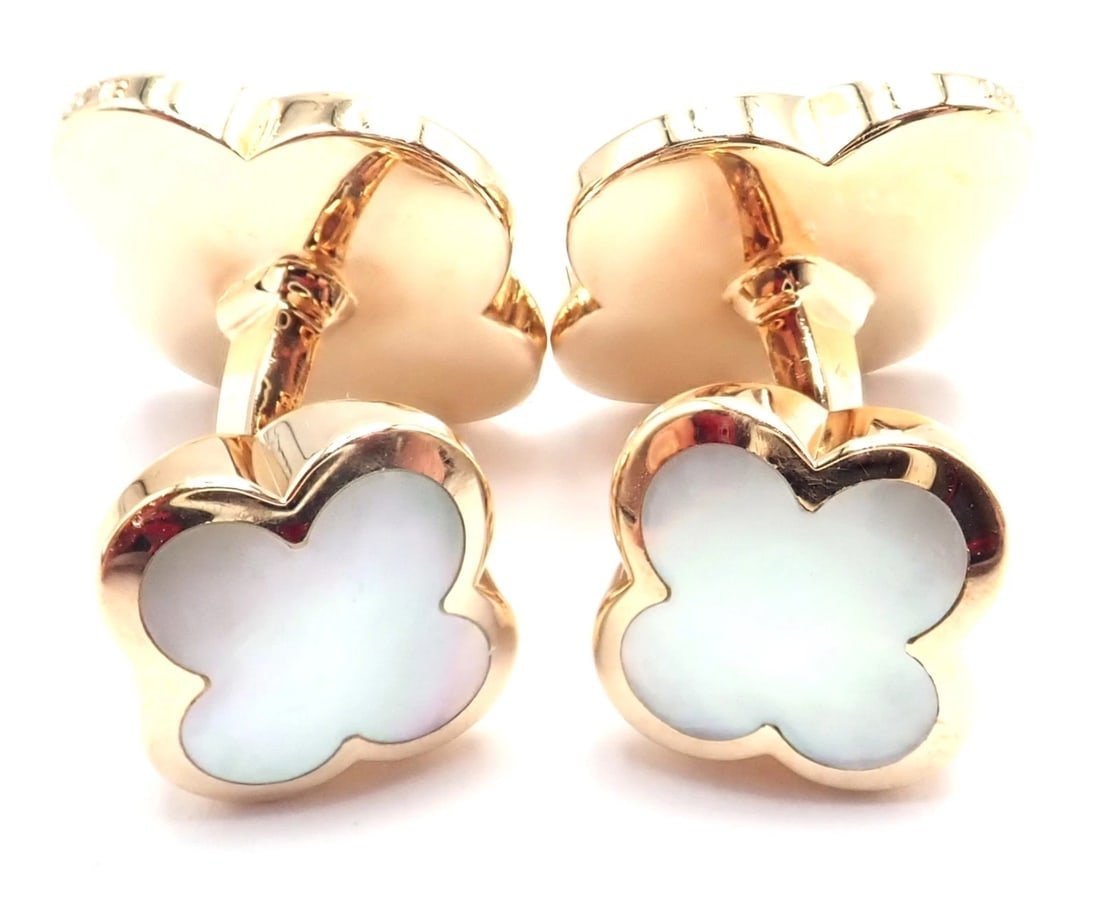 Van Cleef & Arpels 18k Yellow Gold Pure Alhambra Mother Of Pearl Cufflinks Cert. - 4