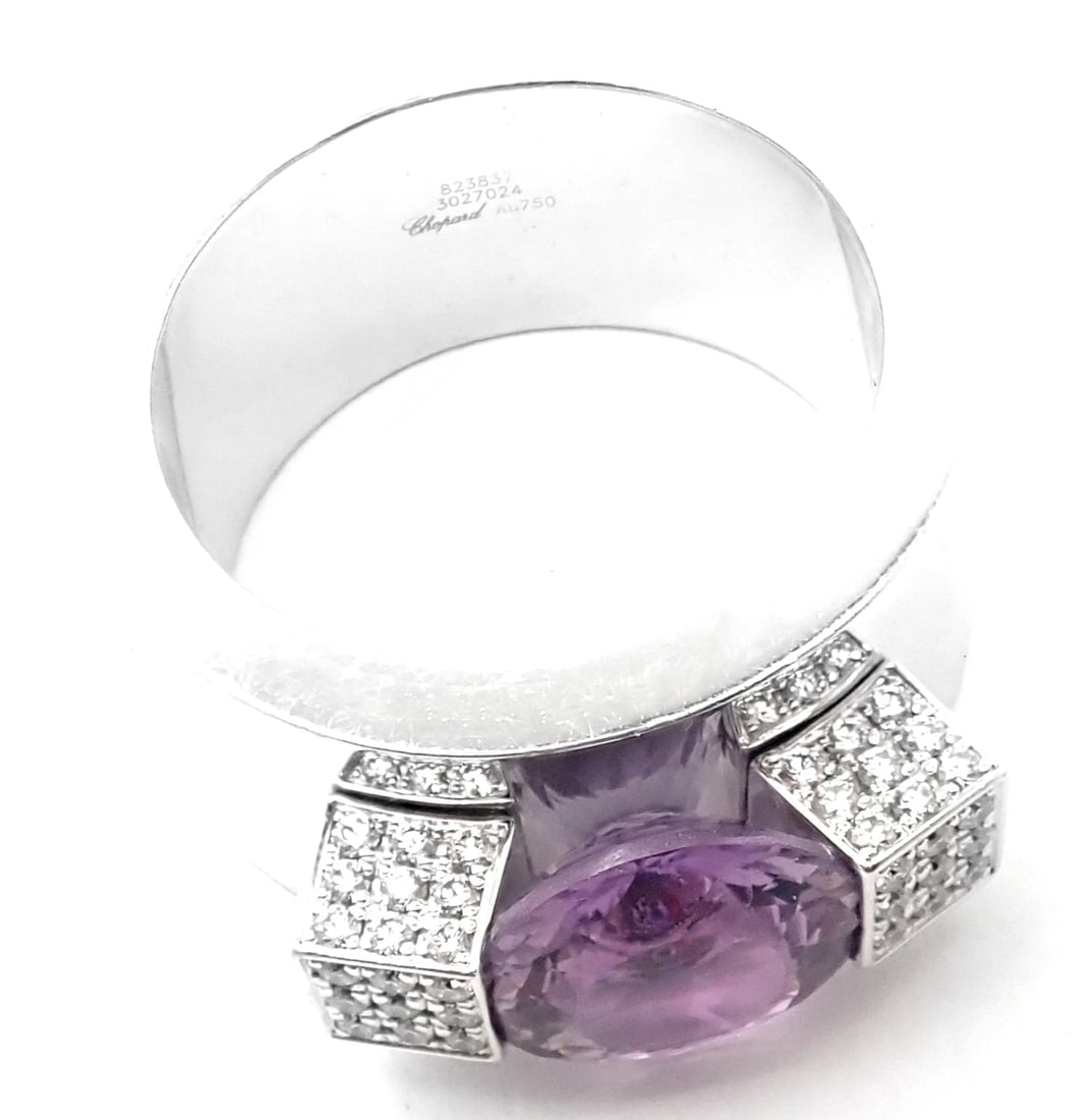Authentic! Chopard 18k White Gold Diamond Amethyst Wide Band Ring - 8