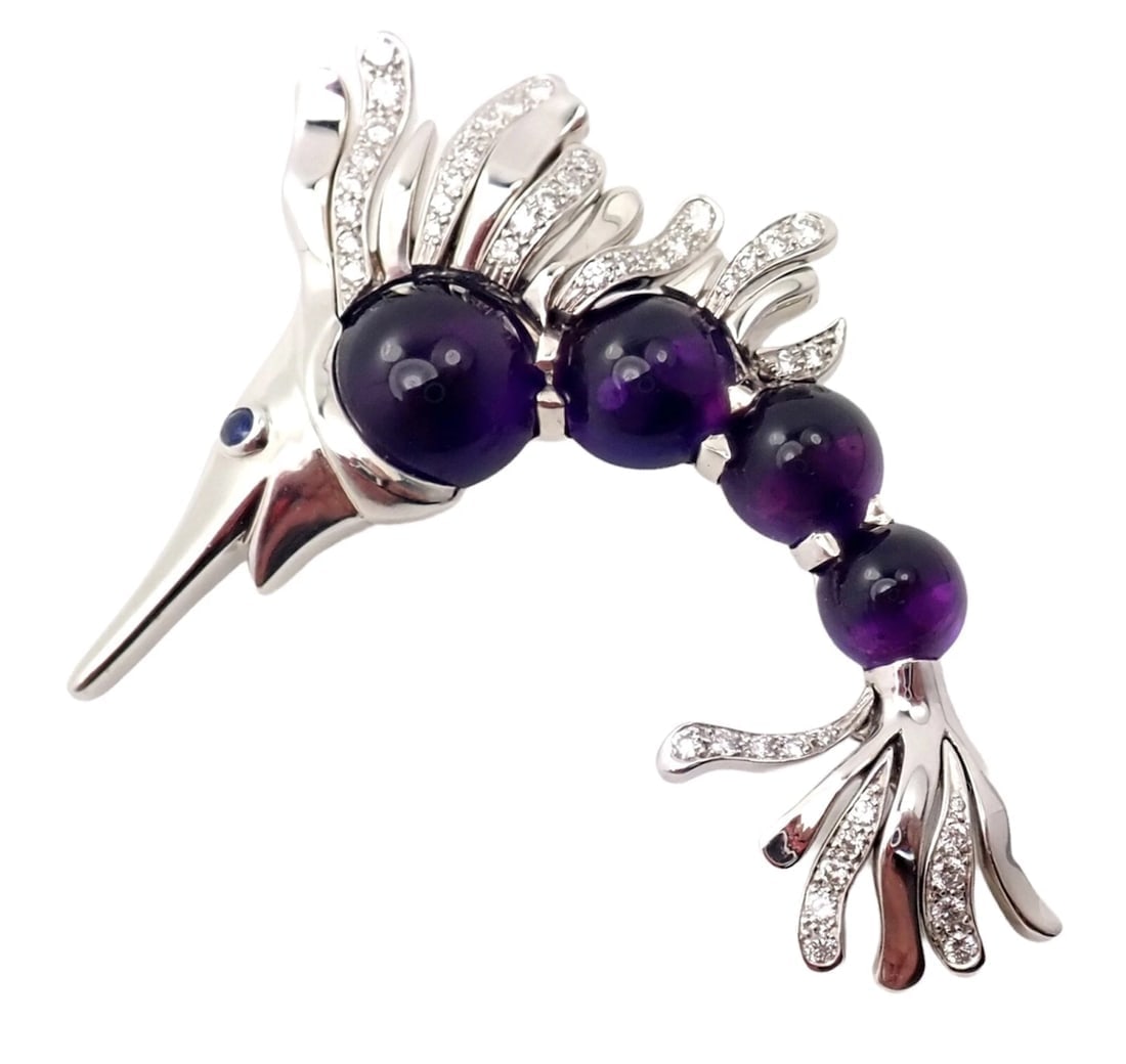Chanel 18k White Gold Amethyst Diamond Miami Marlin Fish Brooch Pendant - 8