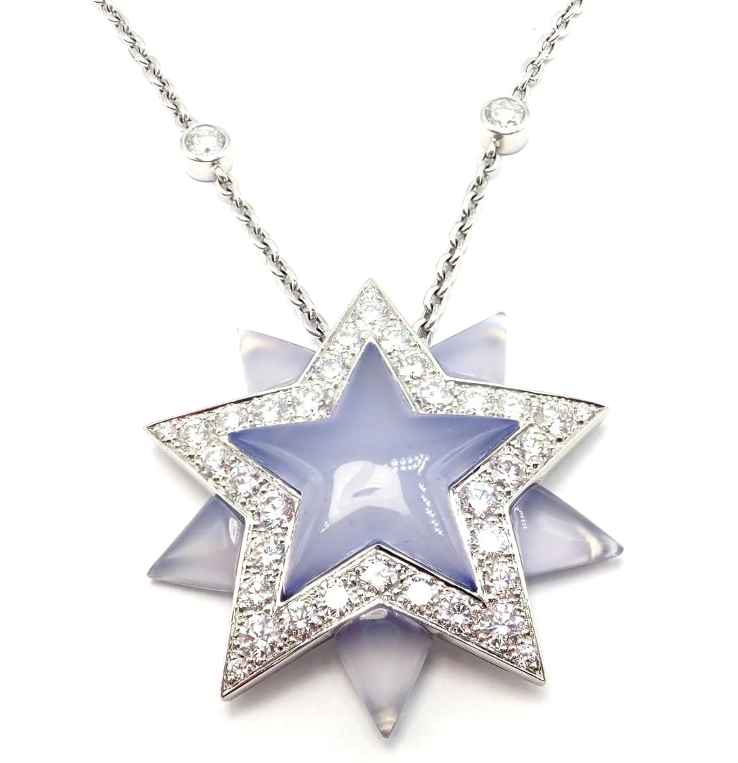 Authentic! Tiffany & Co Platinum Diamond Blue Chalcedony Star Pendant Necklace - 13