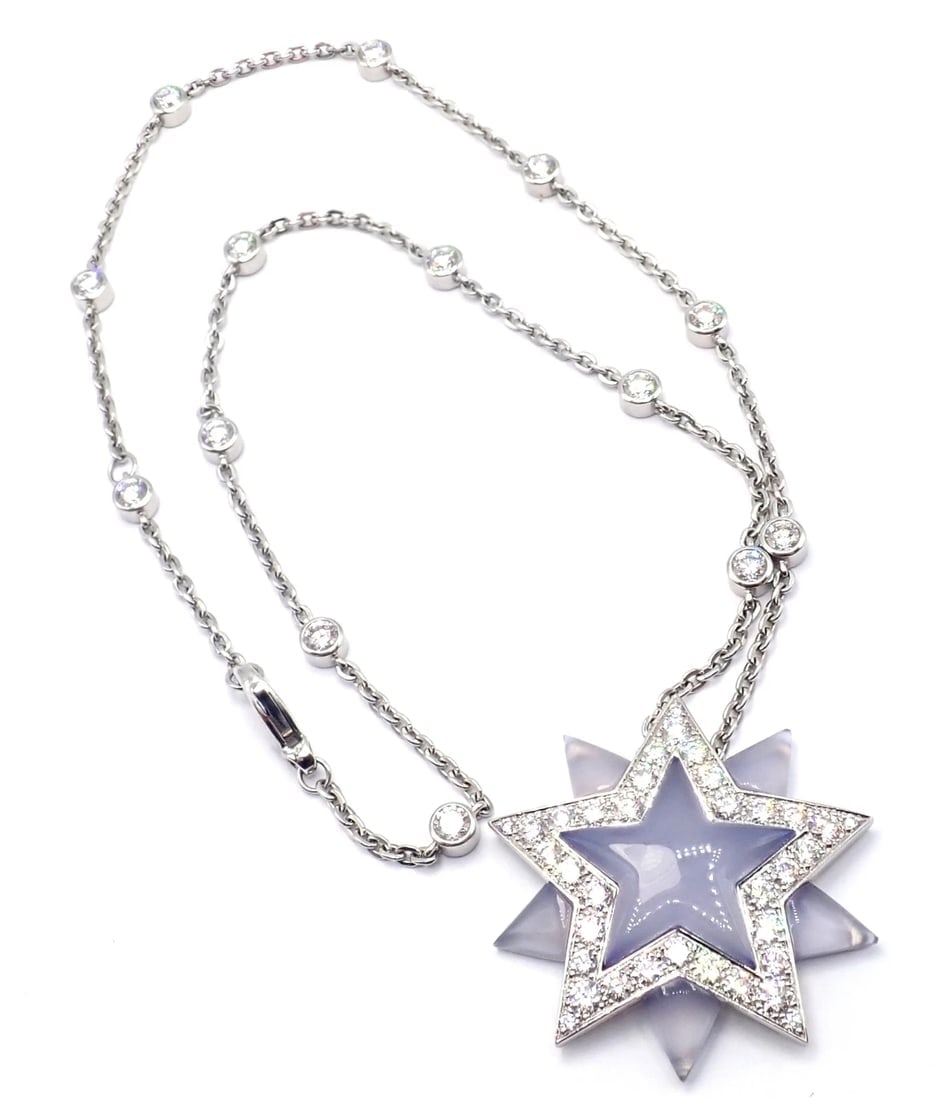 Authentic! Tiffany & Co Platinum Diamond Blue Chalcedony Star Pendant Necklace - 8