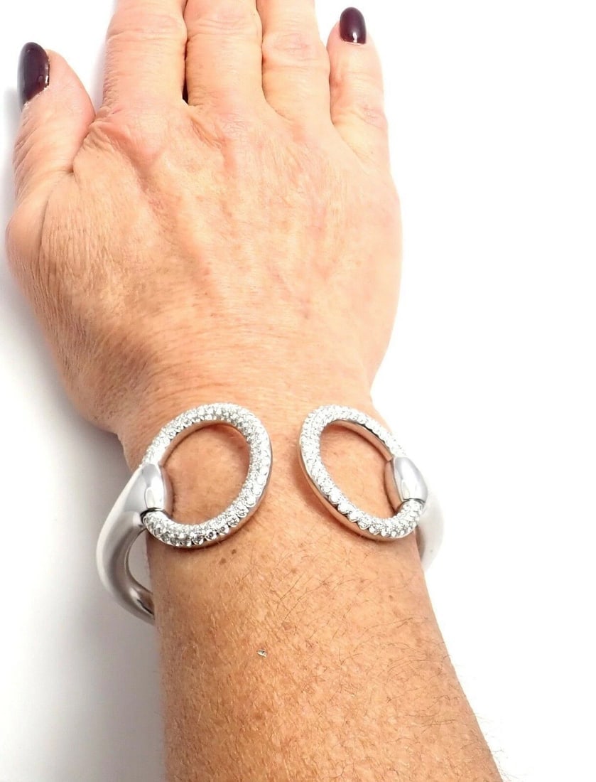 Authentic! Hermes Nausicaa 18K White Gold Diamond Horsebit Cuff Bangle Bracelet - 12