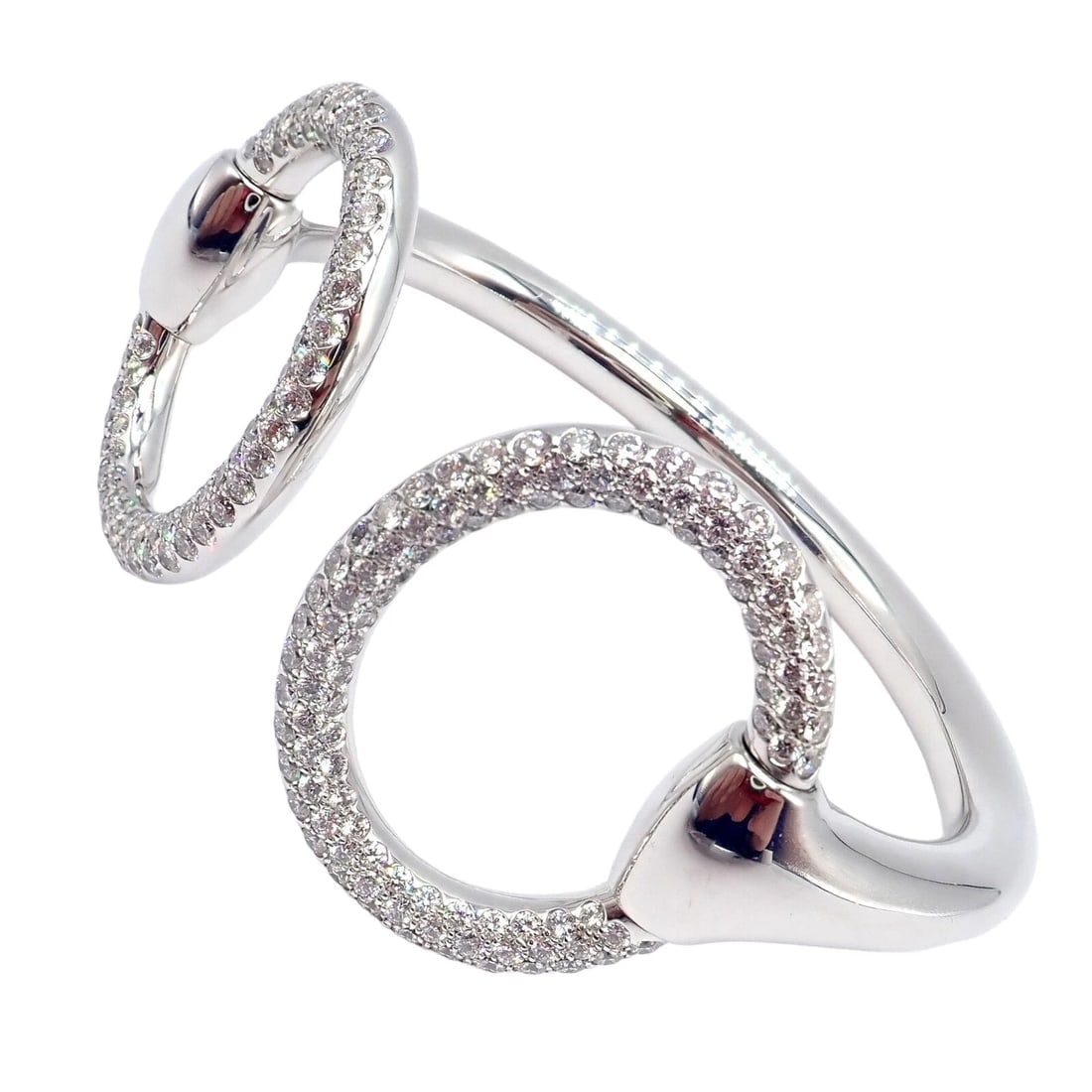 Authentic! Hermes Nausicaa 18K White Gold Diamond Horsebit Cuff Bangle Bracelet - 13