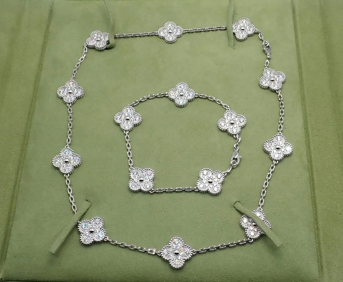 Van Cleef & Arpels 18k Gold Vintage Alhambra Diamond Necklace Bracelet Set Cert. - 3
