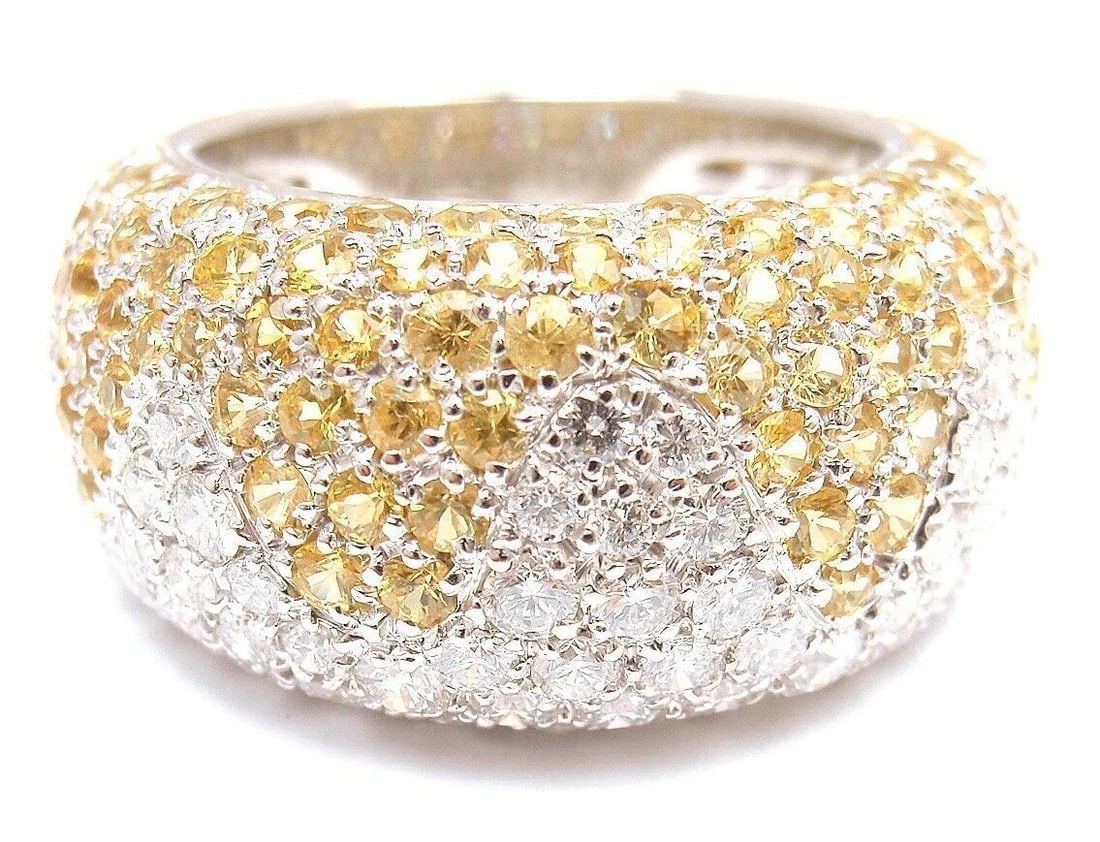 Authentic! Chopard 18k White Gold Yellow Sapphire Diamond Wave Wide Band Ring - 4