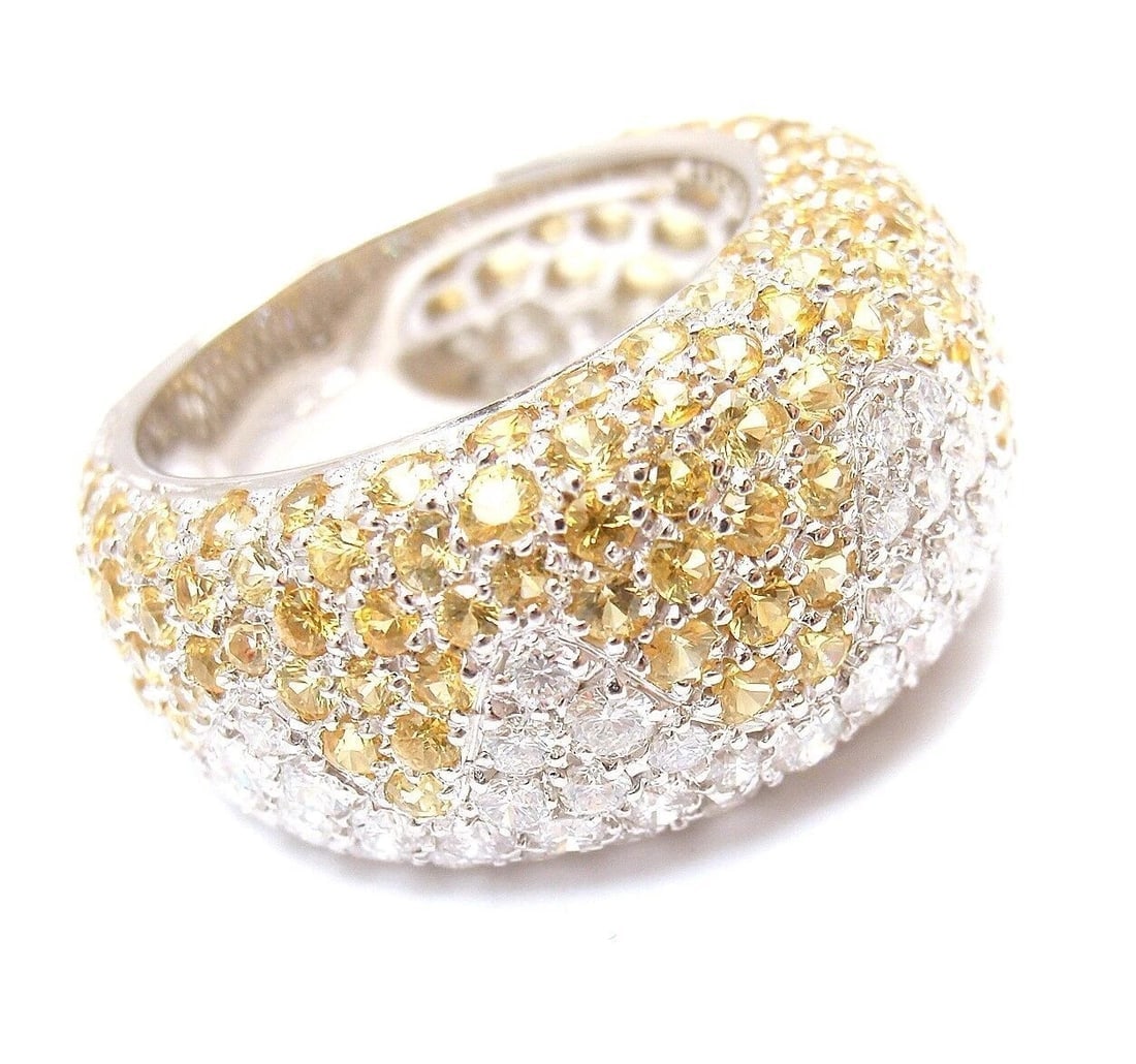 Authentic! Chopard 18k White Gold Yellow Sapphire Diamond Wave Wide Band Ring - 5