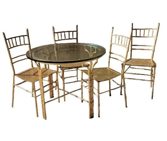 Hollywood Regency Italian Chiavari Style Gilt Metal Faux Bamboo 5 Piece Dinette Set - 2