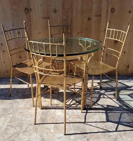 Hollywood Regency Italian Chiavari Style Gilt Metal Faux Bamboo 5 Piece Dinette Set - 4
